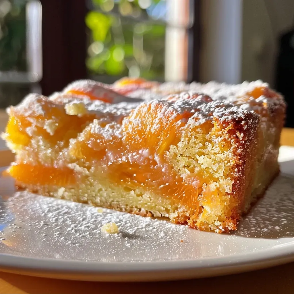A close-up of a moist apricot cake, showcasing its golden-brown crust and chunks of dried apricots.
