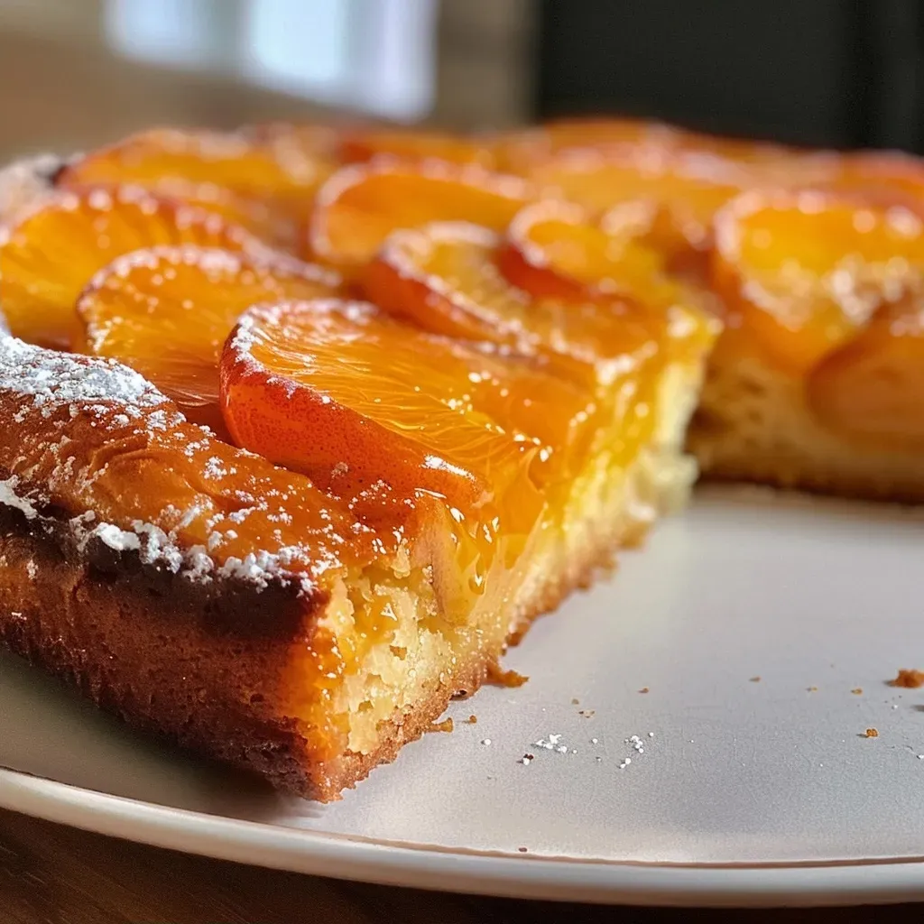 Side view of a sliced apricot cake with visible apricot pieces and a soft, fluffy interior.