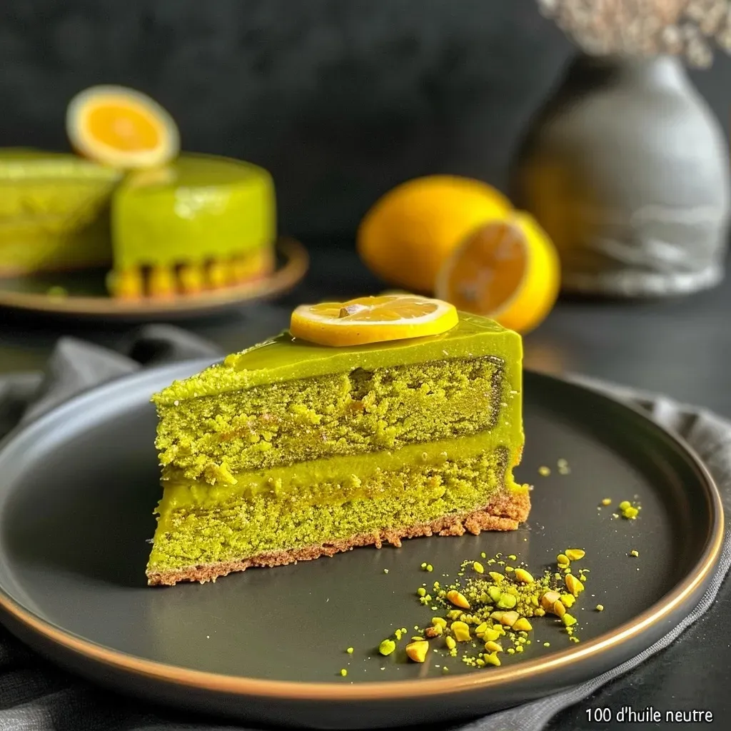A side view of a moist lime cake with a glossy glaze and pistachios on top.