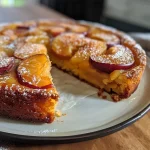 Close-up view of a moist apricot cake with a golden-brown crust.