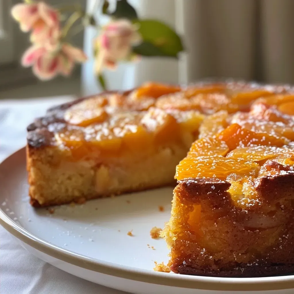 Side view of a delicious cake aux abricots showcasing juicy fruit and a golden crust.