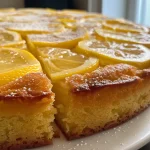 Close-up of a moist lemon cake with a light yellow hue and crumb texture.