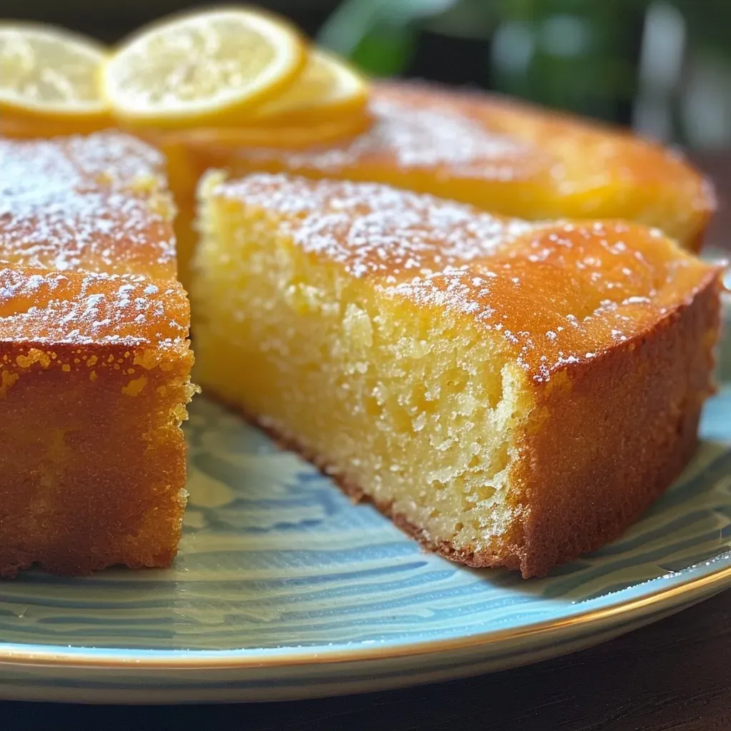 Side view of a healthy lemon cake showcasing its fluffy layers and glaze.