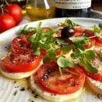 Close-up view of a colorful tofu carpaccio dish with fresh tomatoes, olives, and herbs.