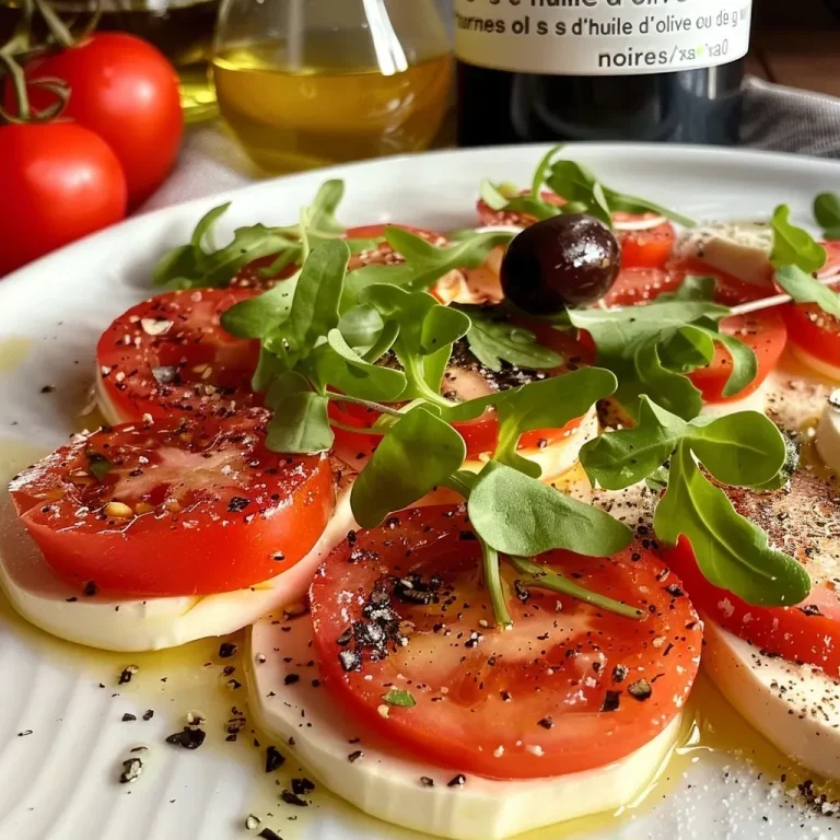 Le carpaccio estival au tofu : une fraîcheur en un éclair ! Close-up view of a colorful tofu carpaccio dish with fresh tomatoes, olives, and herbs.