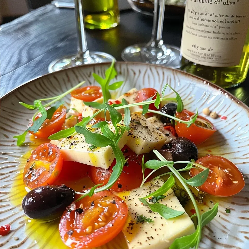 Side view of a vibrant carpaccio featuring layers of tofu, mozzarella, and assorted vegetables.
