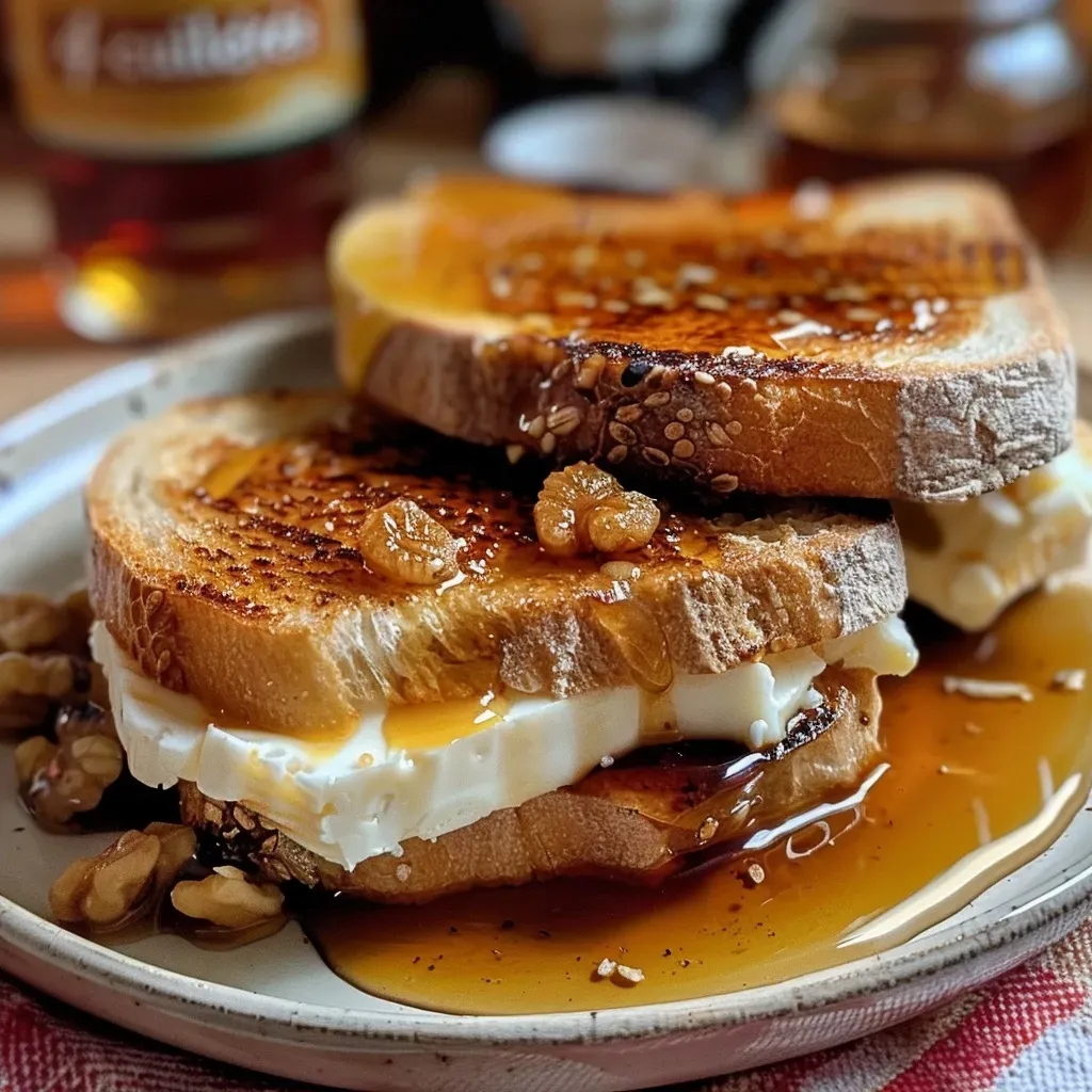 Side view of melted goat cheese on toast drizzled with honey.
