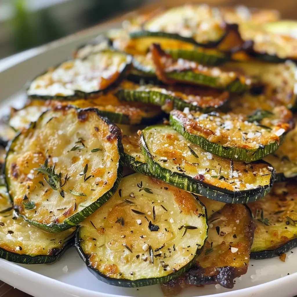Crispy zucchini chips arranged in a circular pattern on a plate.
