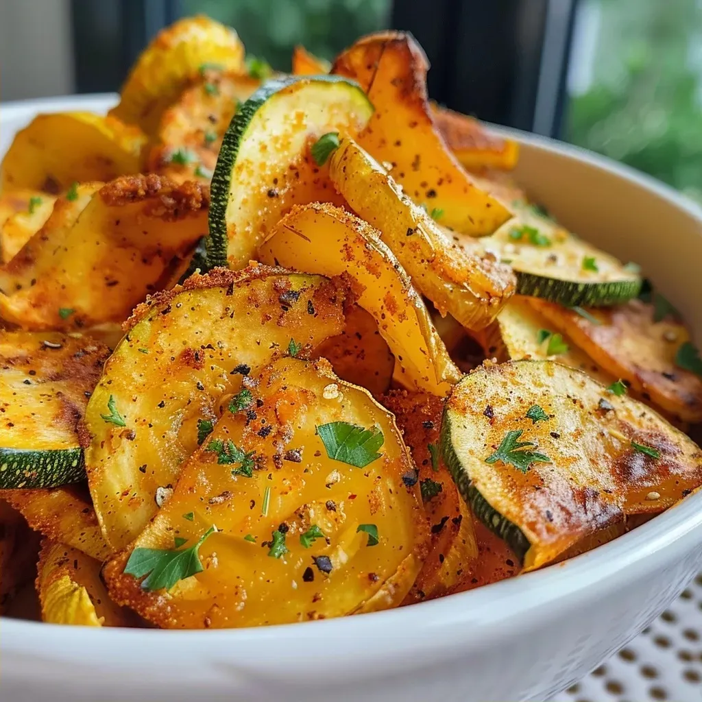 Close-up view of crispy zucchini chips with a golden-brown exterior.