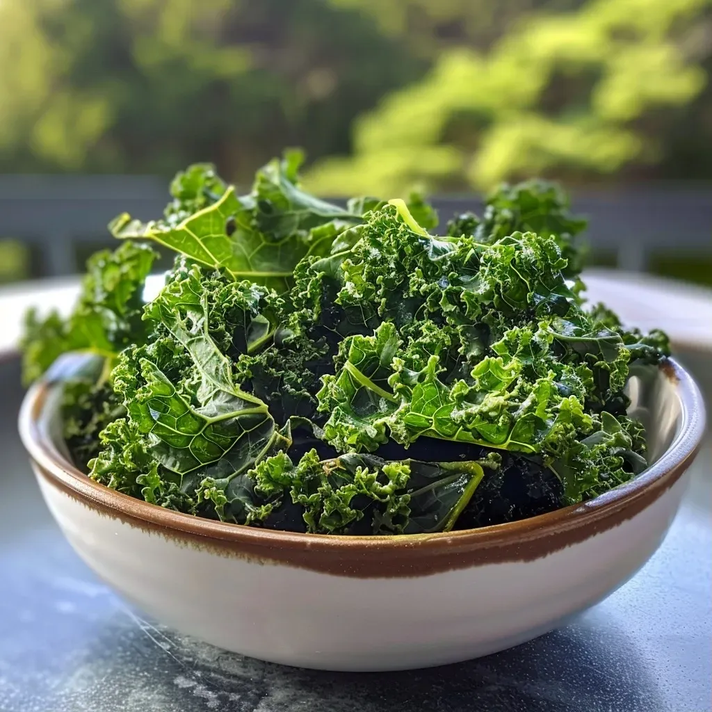 Close-up view of crispy kale chips, lightly seasoned and golden brown.