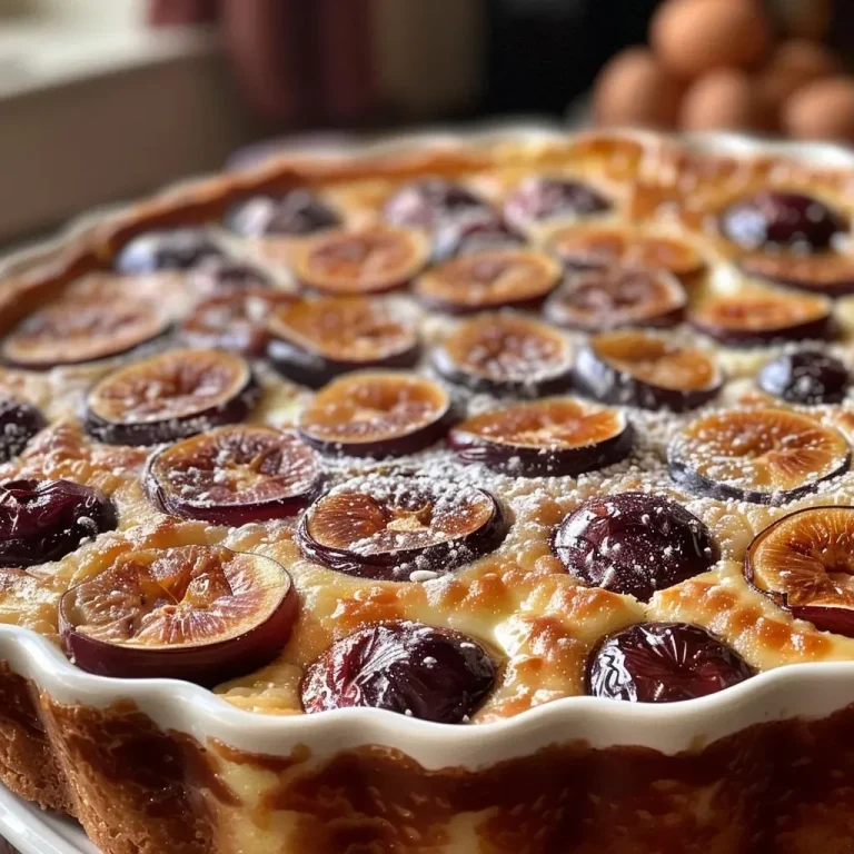 Close-up of a slice of Clafoutis aux Figues with fresh figs on top.