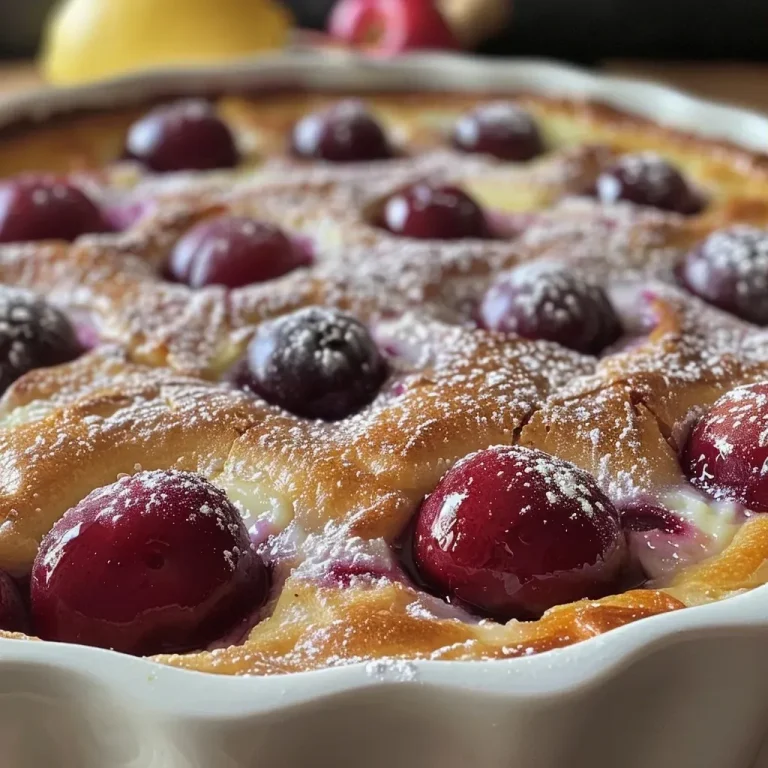 Le clafoutis gourmand minute qui émerveillera vos invités A close-up side view of a fresh Clafoutis topped with juicy cherries.