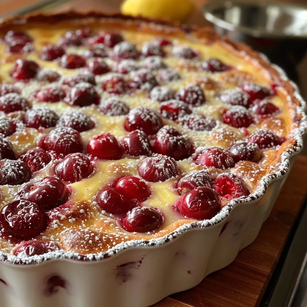 A slice of Clafoutis displaying a golden crust and vibrant fruit filling.