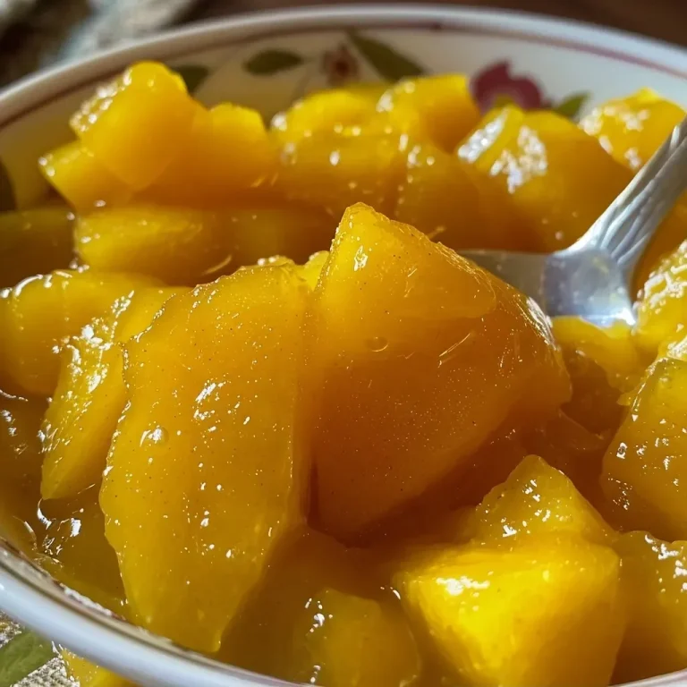 A close-up side view of a bright orange mango compote in a glass jar.