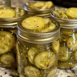 Close-up of crunchy dill pickles in a jar with fresh dill.