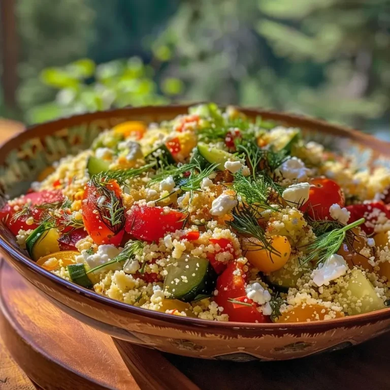 ['A close-up view of a colorful couscous bowl with hummus and cucumber salad.', 'Side view of a couscous bowl featuring bell pepper, grape tomatoes, and feta cheese.', 'A vibrant couscous dish garnished with dill, lemon, and smoked paprika.', 'An appetizing arrangement of couscous, hummus, and fresh vegetables in a bowl.']