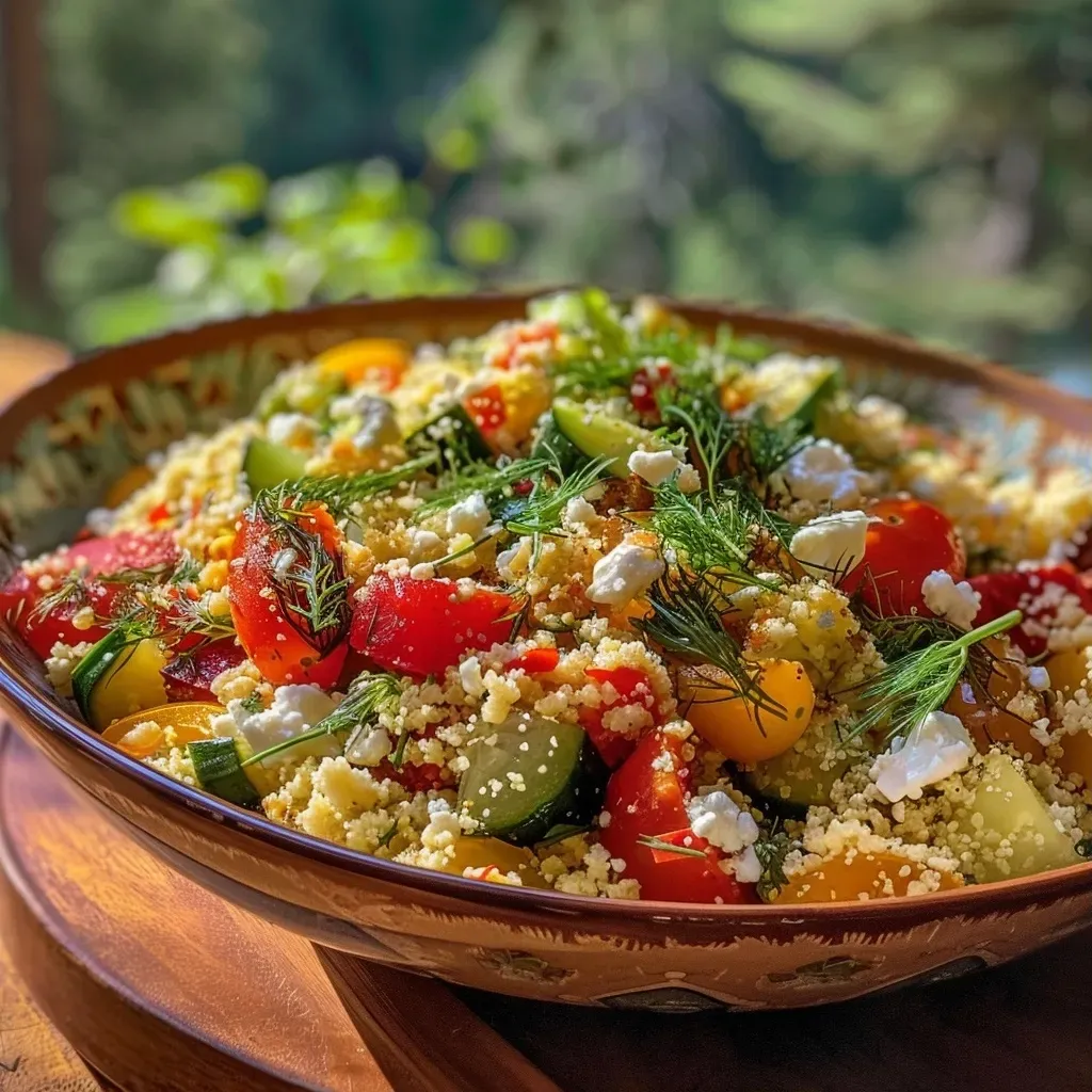 A close-up view of a colorful couscous bowl with hummus and cucumber salad.