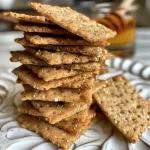 A side view of homemade artisan crackers arranged neatly on a wooden board.