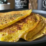 Close-up of golden-yellow crêpes filled with spinach and lentils.