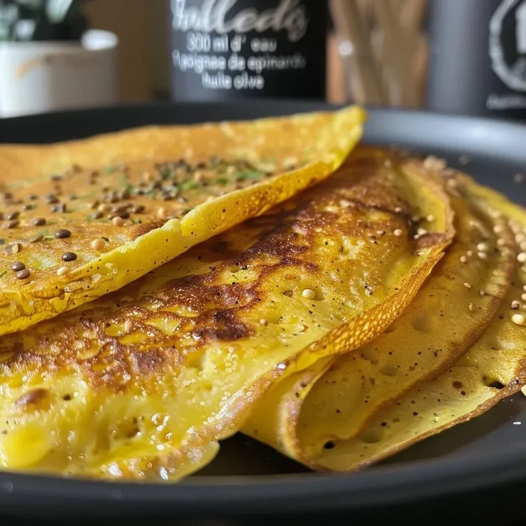 La crêpe saine qui met du peps à vos repas en un clin d’œil Close-up of golden-yellow crêpes filled with spinach and lentils.