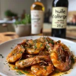 Close-up of sautéed shrimp garnished with herbs and lemon zest.
