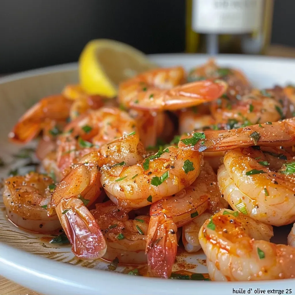 Juicy crevettes à la poêle presented with garlic and parsley.