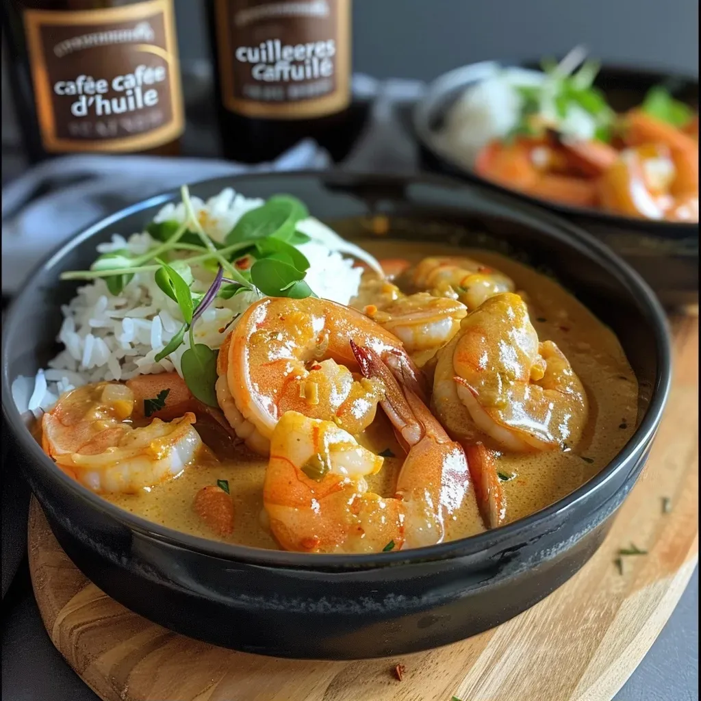 Close-up of juicy crevettes au curry served in a bowl.