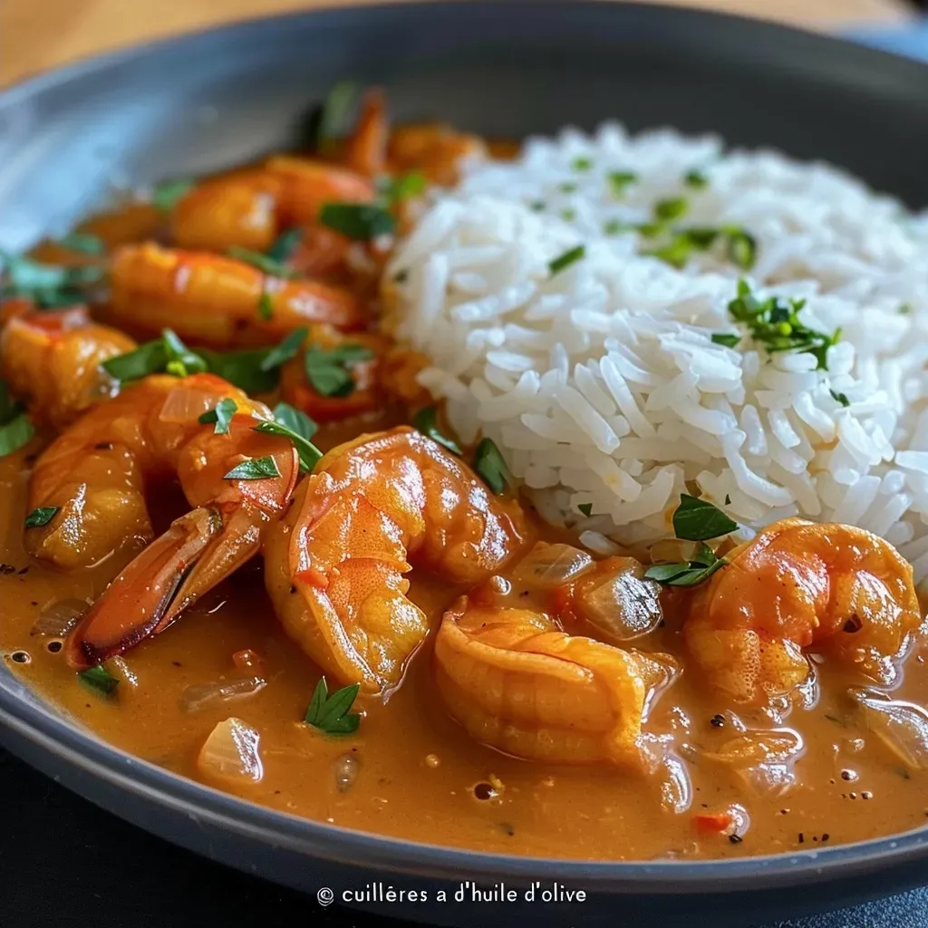 Side view of colorful curry shrimp garnished on a plate.