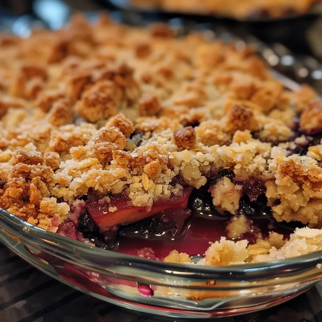 Side view of a freshly baked crumble aux myrtilles with a crumbly topping and vibrant blueberries.