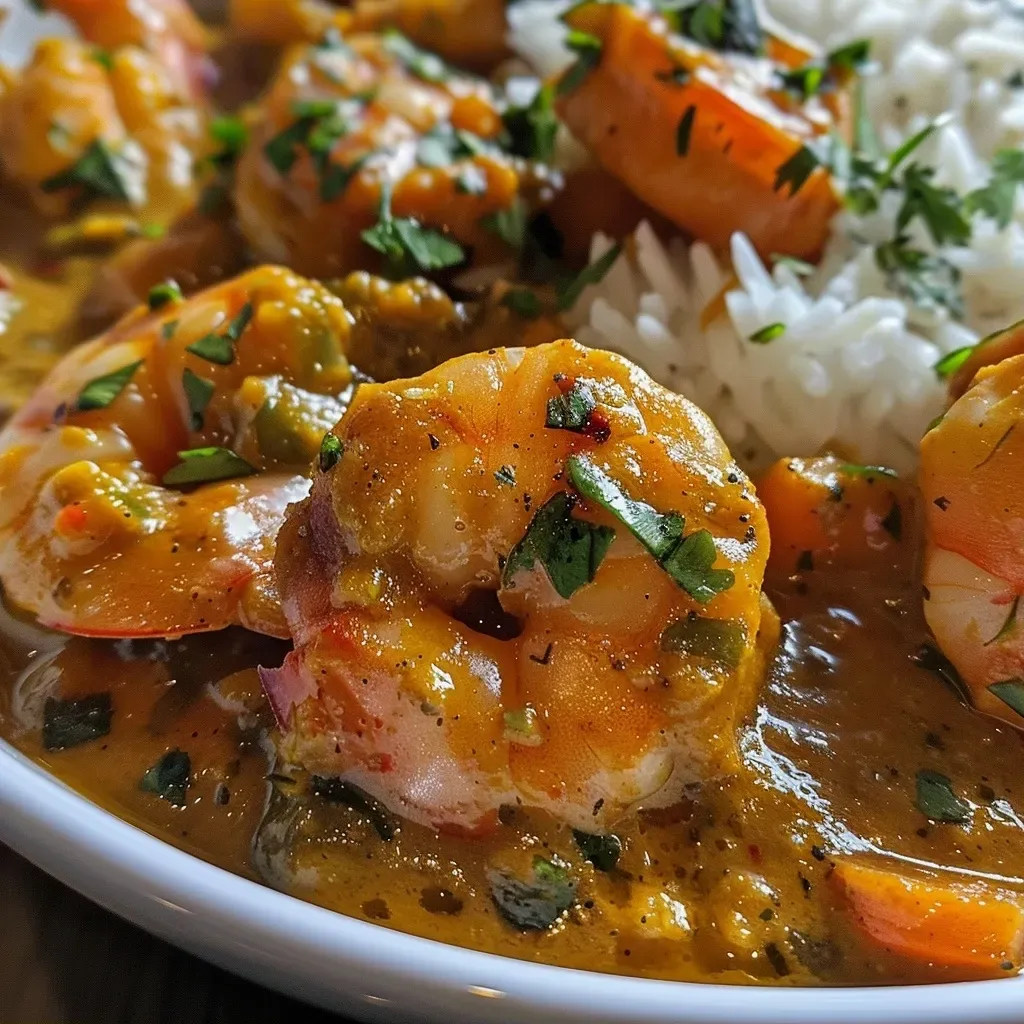 A close-up view of a juicy prawn curry in a bowl, showcasing vibrant colors and textures.