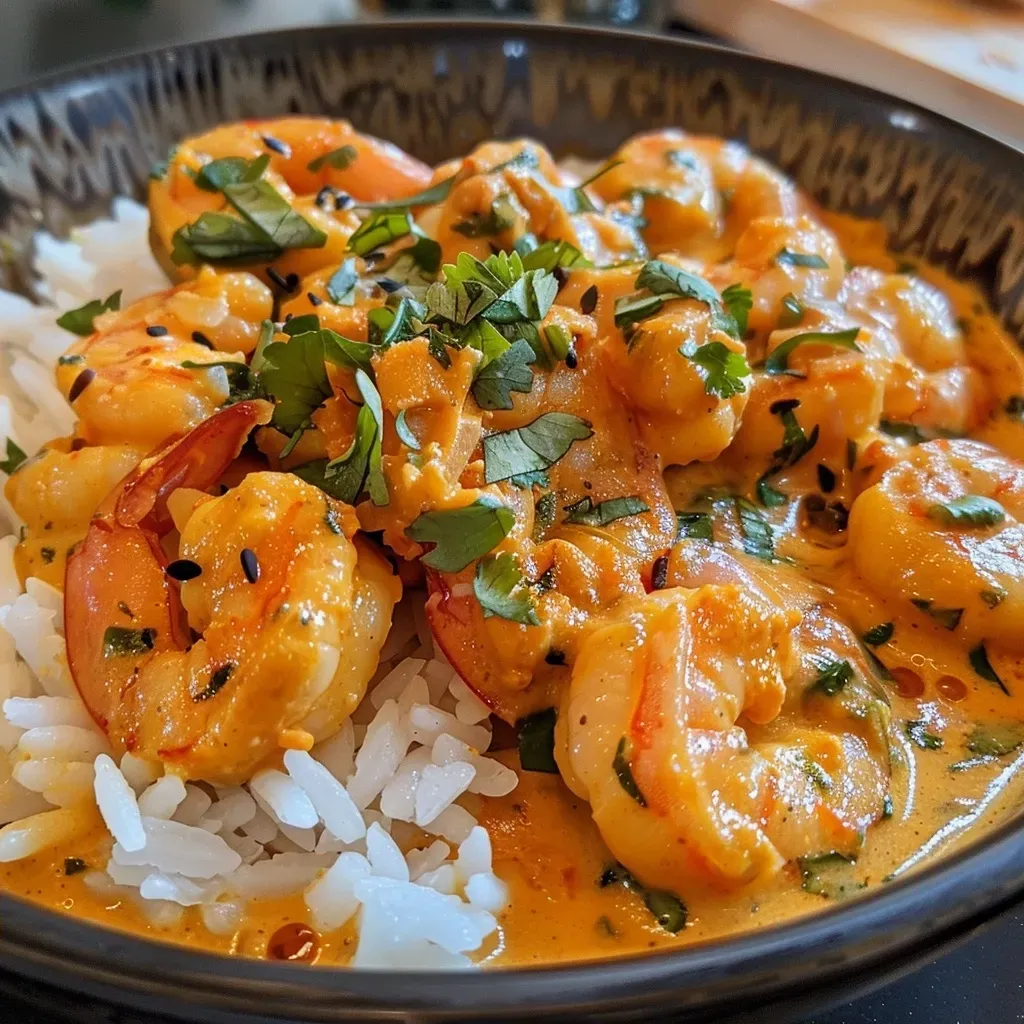 Side view of a delicious curry with pink prawns, herbs, and spices in a rich sauce.