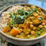 Close-up view of a vibrant vegetable curry in a bowl, showcasing colorful ingredients.