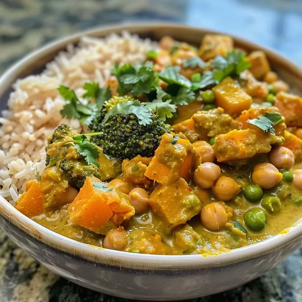 Close-up view of a vibrant vegetable curry in a bowl, showcasing colorful ingredients.