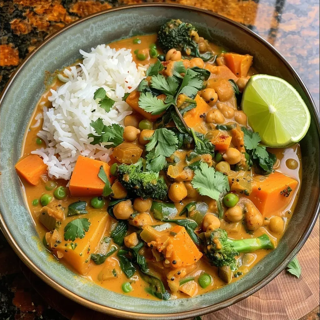 Side view of a hearty vegetable curry with bright vegetables and rich sauce, served with rice.