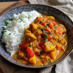 Close-up view of a bowl filled with curry de pêche, showing vibrant peach and tomato colors.