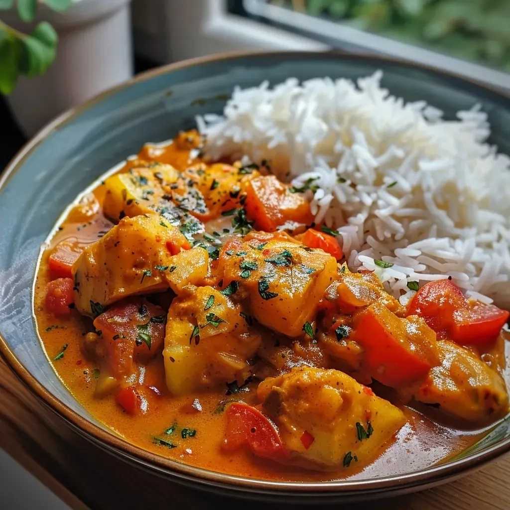 Side view of a delicious curry de pêche, highlighting the juicy peaches and rich sauce.