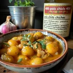 Close-up view of a vibrant curry de pois chiches in a bowl, showing rich colors and textures.