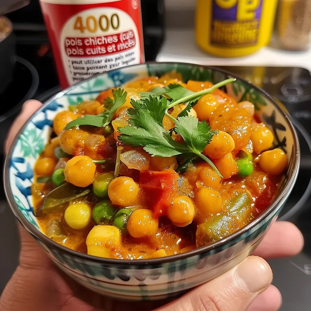 Side view of creamy coconut chickpea curry garnished with fresh greens.