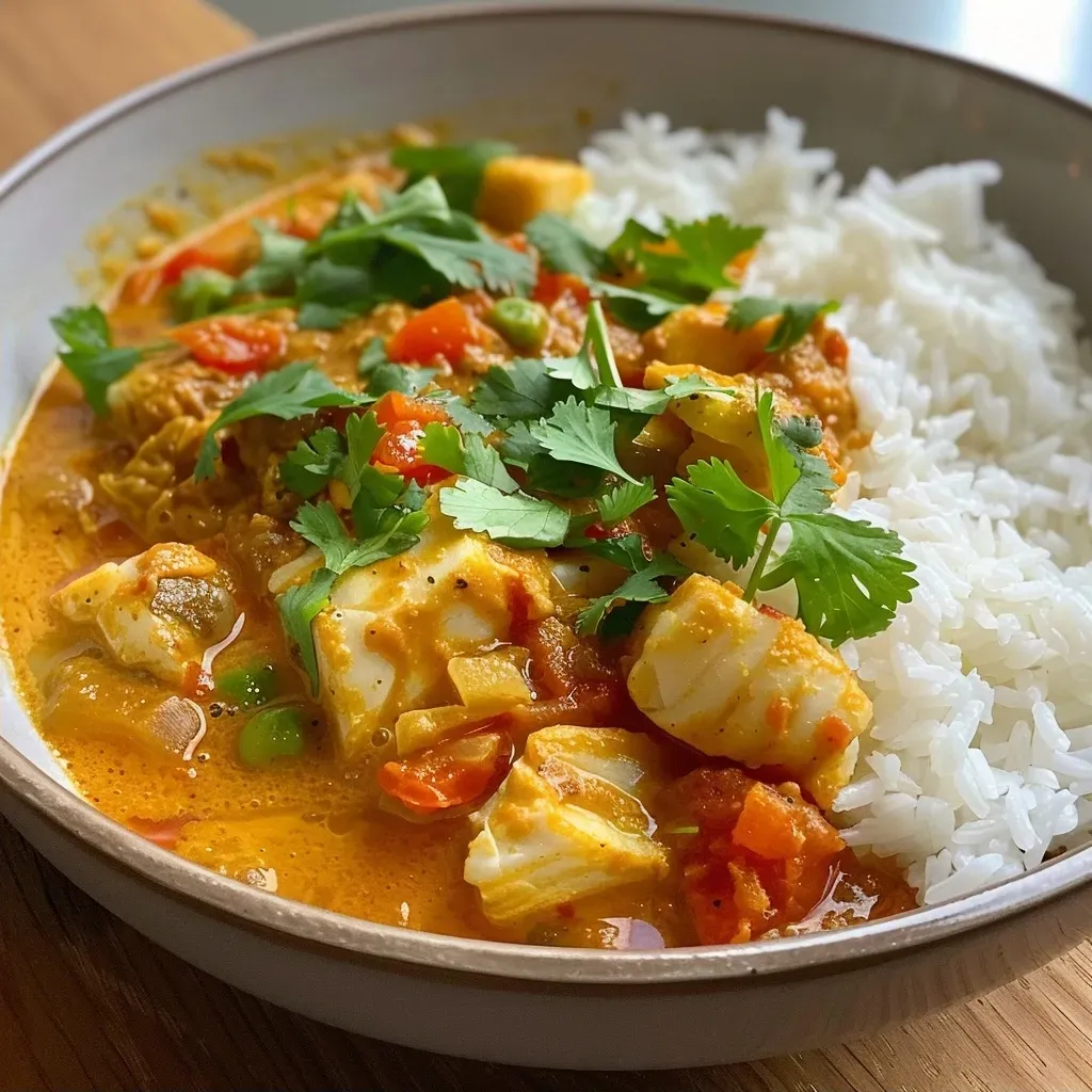 A colorful plate showcasing juicy fish curry with green beans and rice on the side.