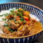 Close-up view of a vibrant curry de porc with peaches served in a bowl.