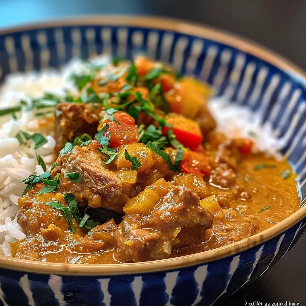 Close-up view of a vibrant curry de porc with peaches served in a bowl.