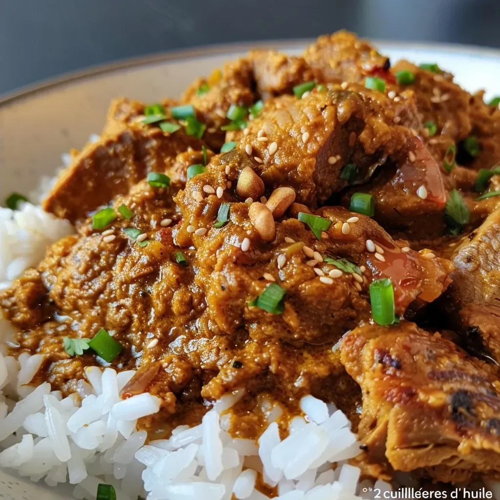 Juicy curry de porc featuring succulent pieces of pork and slices of peach.