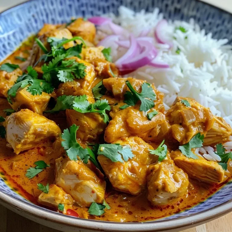 A close-up shot of a savory chicken curry in a bowl, showcasing juicy pieces of chicken and vibrant vegetables.