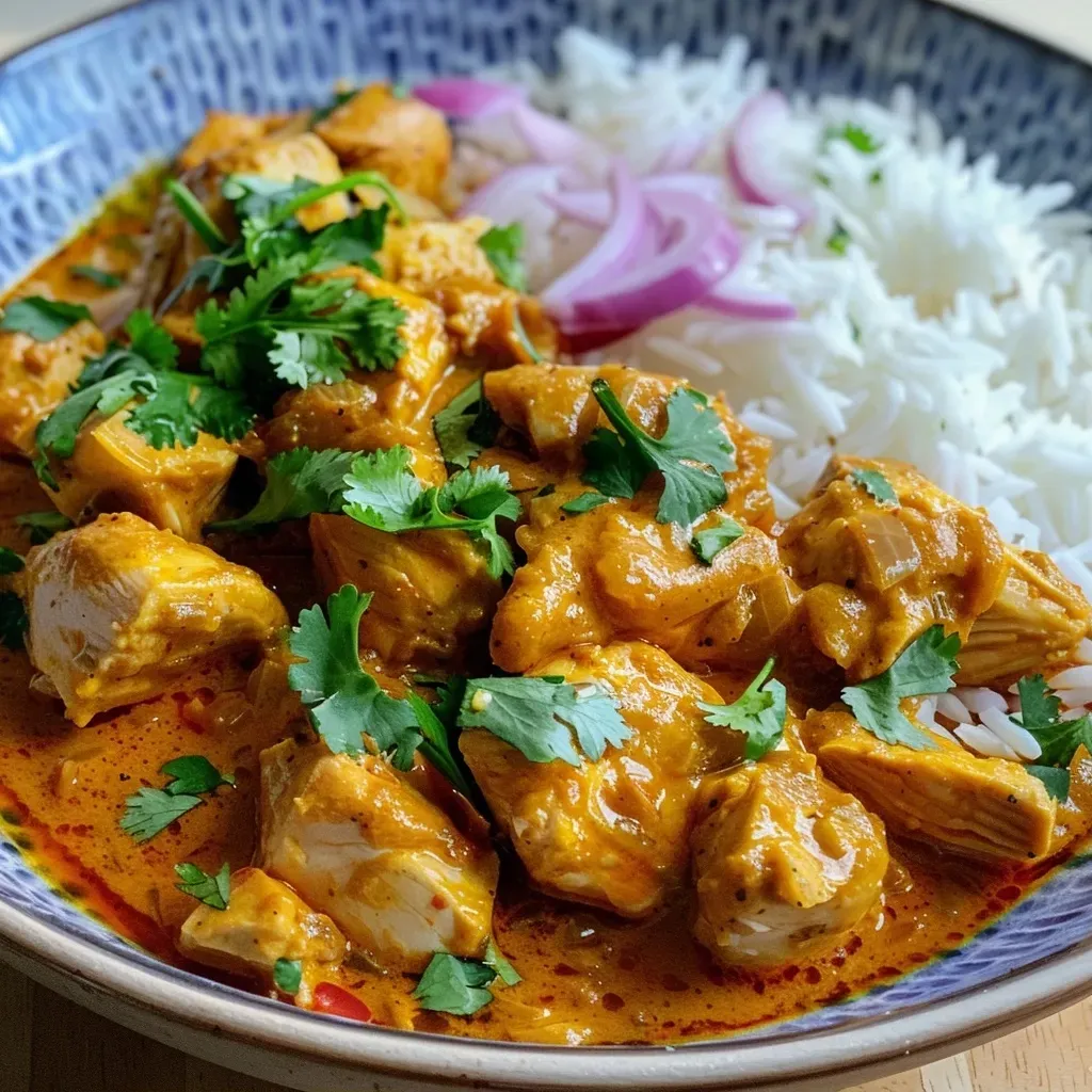 Close-up view of a bowl of chicken curry with rice and naan on the side.
