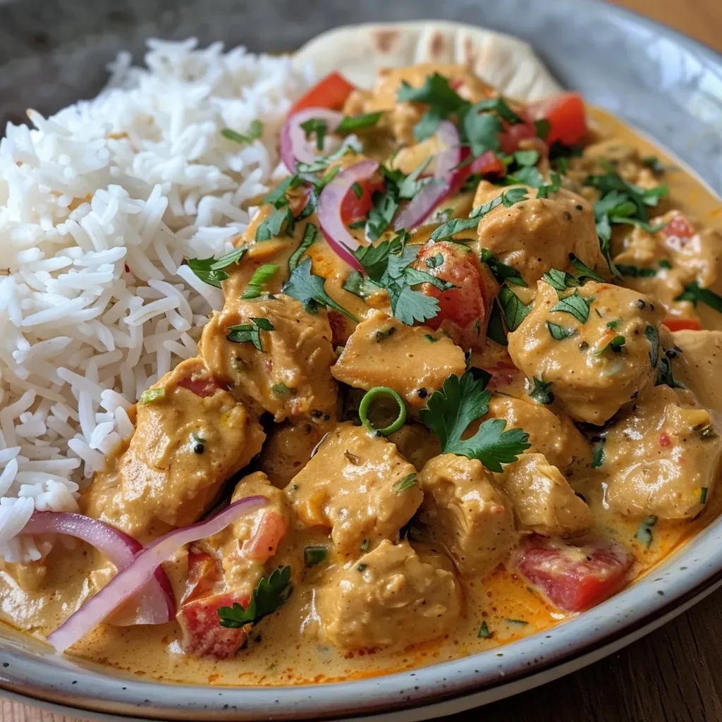 A side view of a plate featuring juicy chicken curry garnished with coriander.