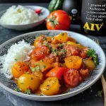 Close-up of a vibrant tomato curry dish, showcasing its rich, red color and chunky texture.