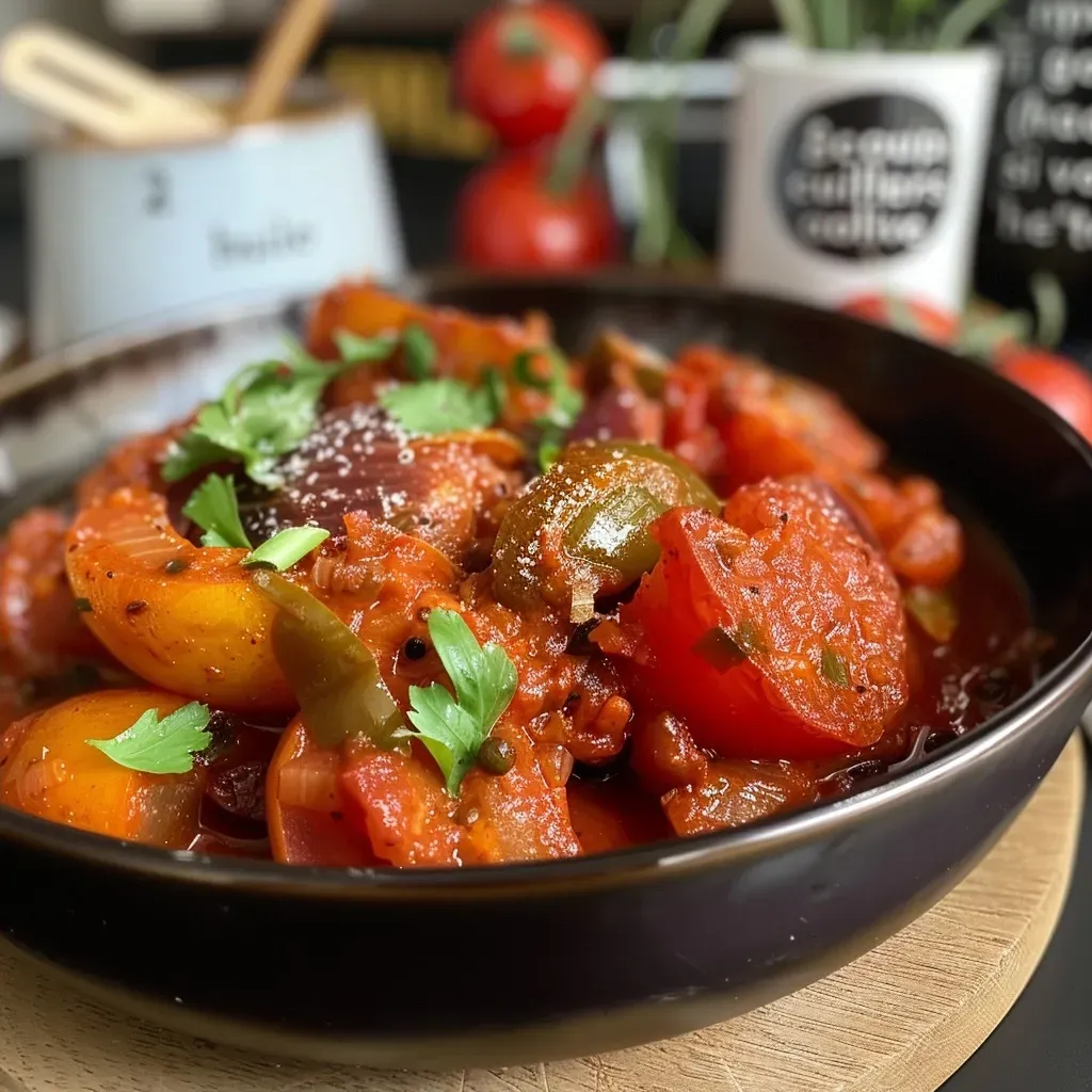 A side view of a delicious curry de tomates with visible tomato chunks, onions, and spices.