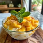 A side view of a light mango-passion fruit dessert served in a glass.