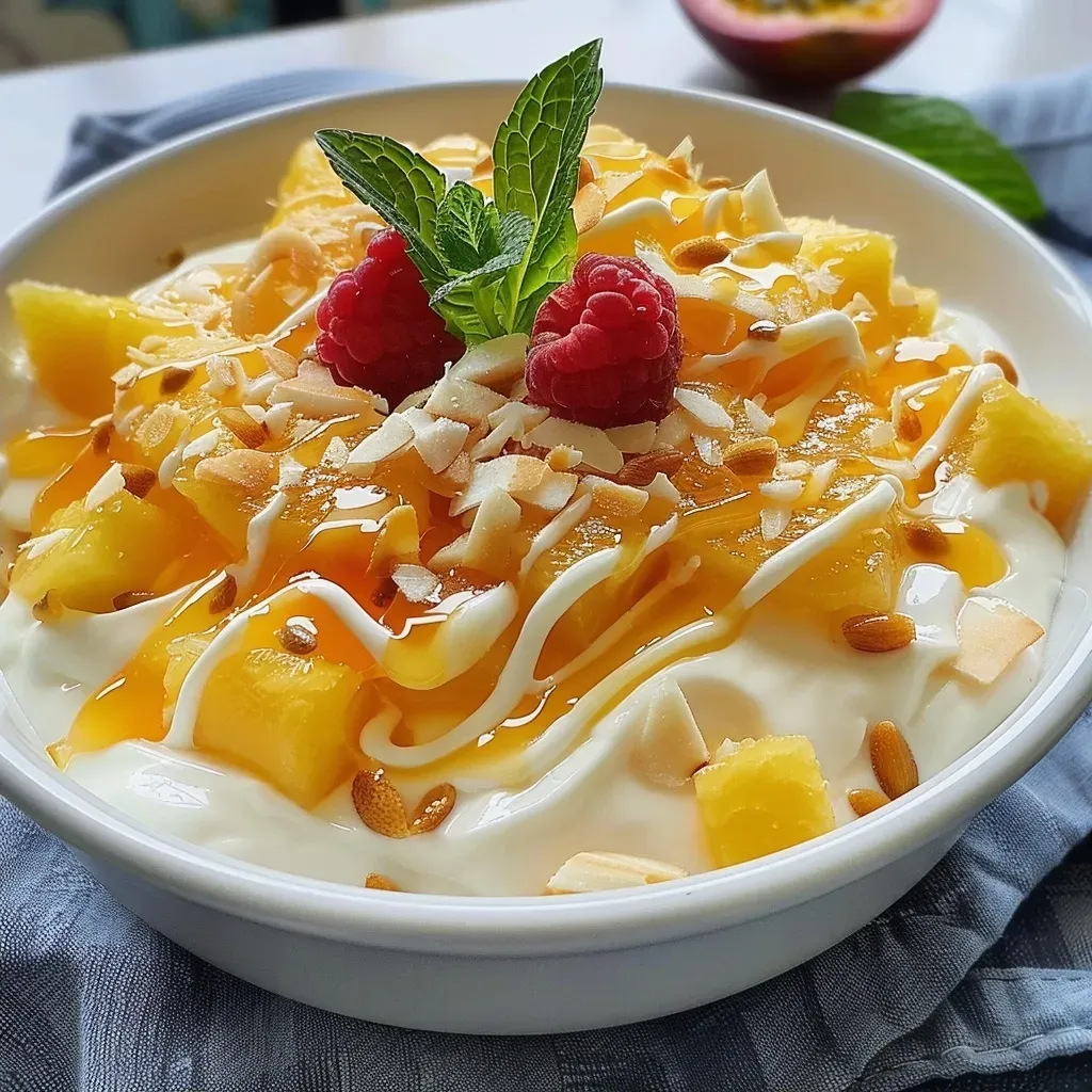 Close-up of a vibrant mango and passion fruit verrine with fresh mint leaves.