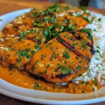 A close-up view of dinde tikka masala with fresh cucumber salad.